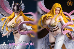 Rule 34 | angel, angel girl, angewomon, asymmetrical clothes, asymmetrical legwear, breasts, cleavage, digimon, digimon (creature), dragon studio, extra wings, figure, head wings, large breasts, long hair, mask, monster girl, revealing clothes, sagging breasts, toy, unmasked, unworn mask, wings