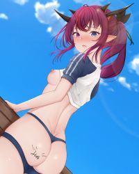 Rule 34 | 1girl, ass, ass tattoo, bad id, bad pixiv id, blue eyes, blush, breasts, clothes lift, fang, heterochromia, highres, hololive, hololive english, honon, horns, irys (hololive), long hair, looking at viewer, medium breasts, multicolored hair, nipples, open mouth, pointy ears, ponytail, purple eyes, purple hair, red hair, shirt, shirt lift, short sleeves, skin fang, solo, standing, streaked hair, virtual youtuber