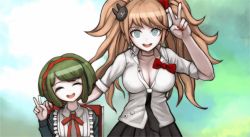 Rule 34 | 2girls, age difference, arm around another, arm around shoulder, arm up, black choker, black skirt, blonde hair, blue background, blue eyes, bow, bowtie, bra, breasts, child, choker, cleavage, closed eyes, danganronpa (series), danganronpa another episode: ultra despair girls, enoshima junko, gradient background, green background, green hair, hair bow, hair ornament, hair ribbon, hairband, hand up, headband, highres, large breasts, long hair, looking at viewer, multicolored background, multicolored bow, multicolored clothes, multiple girls, bowtie, neck ribbon, necktie, official alternate costume, official art, on chair, open mouth, pleated skirt, rabbit hair ornament, red bow, red hairband, red headband, red headwear, red ribbon, ribbon, shirt, simple background, sitting, skirt, smile, standing, teeth, towa monaca, twintails, underwear, upper body, upper teeth only, v, white background, white bow, white shirt