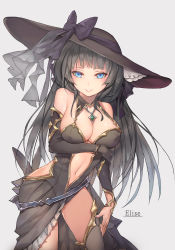 Rule 34 | 1girl, belt, black dress, black gloves, black hair, black hat, black skirt, black thighhighs, blue belt, blue eyes, blunt bangs, bow, bracelet, breast hold, breasts, center opening, character name, cleavage, contrapposto, cowboy shot, detached collar, detached sleeves, dress, fingernails, frilled skirt, frills, gem, gloves, grey background, hand on lap, hat, hat bow, jewelry, large breasts, leg belt, legs apart, long fingernails, long hair, looking at viewer, midriff, navel, necklace, original, parted lips, pink lips, purple bow, samu (a117216), showgirl skirt, simple background, single glove, single thighhigh, skirt, smile, solo, standing, strapless, strapless dress, teeth, thighhighs