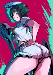 Rule 34 | 1girl, anchor, anchor symbol, ass, belt, black hair, blush, breasts, brown belt, closed mouth, commentary request, cowboy shot, drop shadow, enajii, from behind, green eyes, green sailor collar, hand on own hip, hat, holding, holding anchor, looking at viewer, looking back, medium breasts, midriff, murasa minamitsu, neckerchief, peaked cap, red neckerchief, sailor collar, sailor hat, shirt, short hair, short shorts, short sleeves, shorts, smile, solo, standing, taut clothes, taut shirt, taut shorts, touhou, two-tone background, white hat, white shirt, white shorts