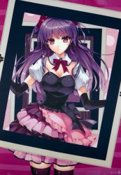 Rule 34 | 1girl, absurdres, apron, breasts, character request, choker, cleavage, collar, detached sleeves, dress, highres, layered dress, layered skirt, misaki kurehito, original, picture frame, purple eyes, purple hair, ribbon, ribbon choker, skirt, smile, solo, thighhighs, zettai ryouiki