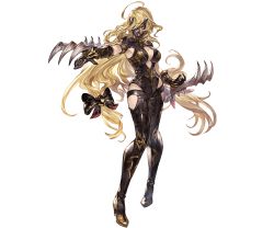 Rule 34 | 10s, 1girl, blonde hair, bodysuit, boots, bow, breasts, center opening, claw (weapon), cleavage, curly hair, full body, gloves, granblue fantasy, grey eyes, high heel boots, high heels, long hair, low twintails, mask, minaba hideo, predator (granblue fantasy), solo, transparent background, twintails, weapon