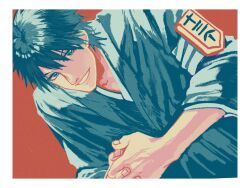 Rule 34 | 1boy, a nzi end, armband, badge, black eyes, black hair, black shirt, bleach, border, close-up, dutch angle, hair between eyes, hands on lap, highres, japanese clothes, male focus, own hands together, red background, shiba kaien, shihakusho, shinigami, shirt, sitting, smile, solo, white border