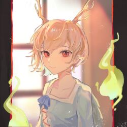 Rule 34 | 1girl, antlers, beiwushide lr, blonde hair, blue shirt, closed mouth, collarbone, dragon horns, highres, horns, kicchou yachie, red eyes, shirt, short hair, short sleeves, smile, solo, touhou, turtle shell, upper body, yellow horns