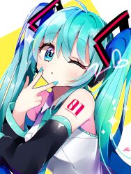 Rule 34 | 1girl, aqua eyes, aqua hair, aqua nails, aqua necktie, bare shoulders, black sleeves, collared shirt, commentary request, detached sleeves, elbow rest, hair between eyes, hair ornament, hatsune miku, headphones, heart, highres, koyubisennti, light blush, long hair, looking at viewer, necktie, number tattoo, one eye closed, parted lips, shirt, shoulder tattoo, signature, sleeveless, sleeveless shirt, solo, sparkle, symbol in eye, tattoo, twintails, upper body, v, vocaloid, white shirt, wide sleeves