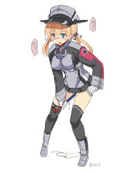 Rule 34 | 10s, 1girl, black skirt, black thighhighs, blonde hair, blush, cross, crotch rub, crowbar, female focus, gloves, hair ornament, hair ribbon, hand on own hip, hat, holding, holding crowbar, iron cross, kantai collection, long hair, microskirt, military, military uniform, open mouth, over-kneehighs, panties, peaked cap, prinz eugen (kancolle), pussy juice, ribbon, seo tatsuya, simple background, skirt, solo, sweatdrop, thighhighs, twintails, twitter username, underwear, uniform, white background, white gloves, white panties
