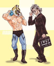 Rule 34 | 10s, 2boys, abs, black hair, briefcase, curly hair, kenny omega, kyobashi, long hair, looking at another, male focus, mask, multicolored hair, multiple boys, muscular, new japan pro wrestling, silver hair, sunglasses, tiger mask, tiger mask (series), tiger mask w, two-tone hair, wrestling
