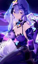 Rule 34 | 1girl, bare shoulders, black gloves, black swan (honkai: star rail), commentary, elbow gloves, flower, gloves, highres, honkai: star rail, honkai (series), long hair, looking at viewer, petals, purple flower, purple hair, purple rose, rose, rose petals, sakurato remi, smile, solo, upper body, veil, very long hair, yellow eyes