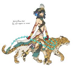 Rule 34 | 1girl, animal, asaya minoru, black hair, blood, blood on hands, blue hair, breasts, covered mouth, english text, fate/grand order, fate (series), feathers, from side, hat, high heels, jaguar, looking at viewer, multicolored hair, sandals, simple background, small breasts, solo, streaked hair, tenochtitlan (fate), tenochtitlan (first ascension) (fate), twitter username, walking, white background, white feathers