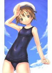 Rule 34 | 00s, 1girl, brown eyes, brown hair, hat, miyafuji yoshika, one-piece swimsuit, sabamu, salute, school swimsuit, shiny clothes, short hair, skindentation, solo, strike witches, swimsuit, world witches series