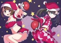 Rule 34 | 2girls, :d, alternate costume, ass, asymmetrical bangs, belt, blush, bob cut, breasts, brown belt, brown eyes, brown hair, christmas, cleavage, closed mouth, collarbone, commentary request, creatures (company), cropped shirt, eyelashes, game freak, gloria (pokemon), gloves, green eyes, green ribbon, hair ribbon, hat, holding, holding sack, ka-9, leaning forward, leggings, looking at viewer, looking back, marnie (pokemon), multiple girls, navel, neck ribbon, nintendo, open mouth, outstretched arm, poke ball, poke ball (basic), pokemon, pokemon swsh, purple background, reaching, reaching towards viewer, red headwear, red skirt, ribbon, sack, santa hat, shirt, short hair, skirt, smile, split mouth, star (symbol), teeth, tongue, twintails, upper teeth only