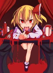 Rule 34 | &gt;:d, :d, ascot, black skirt, black vest, blonde hair, blood, blood on clothes, cup, fork, full body, furorina, hair between eyes, hair ribbon, long sleeves, mary janes, mug, open mouth, red eyes, red ribbon, ribbon, rumia, shirt, shoes, short hair, skirt, skirt set, smile, socks, solo, spoon, tongue, tongue out, touhou, v-shaped eyebrows, vest, white shirt, white socks