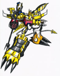 Rule 34 | armor, claws, digimon, digimon (creature), drill, fusion, microphone, shoutmon x7, solo, spikes, tail