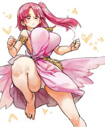 Rule 34 | 1girl, bare shoulders, barefoot, blunt bangs, breasts, dress, feet, gem, heart, jewelry, large breasts, legs, long hair, magi the labyrinth of magic, morgiana, panties, pink dress, ponytail, red eyes, red hair, sachito, side ponytail, simple background, sleeveless, sleeveless dress, solo, thighs, tunic, underwear, white background