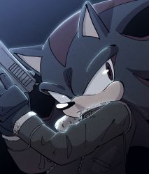 Rule 34 | 1boy, absurdres, animal ears, animal nose, chronocrump, closed mouth, coat, commentary, furry, furry male, gloves, gun, highres, holding, holding weapon, looking to the side, male focus, resident evil, resident evil 4, shadow the hedgehog, sneaking, sonic (series), weapon