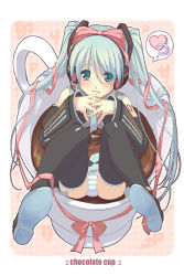 Rule 34 | 1girl, ?, aqua eyes, aqua hair, chocolate, cup, detached sleeves, hair ribbon, hatsune miku, headphones, headset, heart, in container, in cup, legs, long hair, mini person, minigirl, necktie, panties, ribbon, skirt, solo, striped clothes, striped panties, takei ooki, thighhighs, twintails, underwear, very long hair, vocaloid, zettai ryouiki