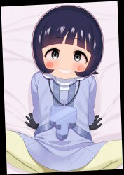 Rule 34 | 1girl, arm support, atg (wttoo0202), bed sheet, black gloves, black hair, blunt bangs, blush, blush stickers, cardigan, commentary request, creatures (company), dress, eyelashes, from above, game freak, gloves, grey cardigan, grey dress, grey eyes, grin, highres, jewelry, long sleeves, looking at viewer, necklace, nintendo, pantyhose, pokemon, pokemon sv, poppy (pokemon), short hair, smile, spread legs, teeth, yellow pantyhose