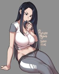 Rule 34 | 1girl, agawa ryou, arm support, artist name, black hair, breasts, crop top, curvy, grey background, grey eyes, holding, holding own hair, large breasts, long hair, midriff, navel, original, pants, shirt, short sleeves, sidelocks, sitting, solo, t-shirt, thighs, tight clothes, tight pants, yoga pants
