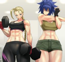 Rule 34 | 2girls, abs, anagumasan, antenna hair, bare shoulders, blonde hair, blue eyes, blue hair, braid, breasts, cammy white, capcom, cleavage, crossover, earrings, exercising, gloves, highres, jewelry, large breasts, leona heidern, long hair, looking at viewer, midriff, multiple girls, muscular, muscular female, navel, ponytail, scar, shorts, simple background, snk, street fighter, street fighter ii (series), tank top, the king of fighters, twin braids, weightlifting