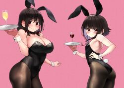 Rule 34 | 2girls, alcohol, alternate costume, animal costume, animal ears, ass, ass focus, bare arms, bare shoulders, black bow, black bowtie, blush, bow, bowtie, braid, breasts, brown hair, champagne, cleavage, closed mouth, covered navel, cowboy shot, crown braid, cup, drinking glass, fake animal ears, from behind, glass, hair between eyes, hair bow, hand on own hip, holding, holding tray, izawa (bhive003), kono subarashii sekai ni shukufuku wo!, large breasts, leotard, long hair, looking at viewer, medium hair, megumin, multiple girls, nervous smile, open mouth, pantyhose, pink background, rabbit costume, rabbit ears, rabbit tail, red bow, red eyes, revision, shiny clothes, shiny skin, sidelocks, simple background, smile, solo, thick thighs, thighs, third-party edit, tray, wine, wine glass, wrist cuffs, yunyun (konosuba)