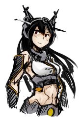 Rule 34 | 10s, 1girl, armor, bare shoulders, black hair, breasts, deel (rkeg), headgear, highres, kantai collection, large breasts, long hair, midriff, nagato (kancolle), navel, red eyes, simple background, sketch, solo, white background