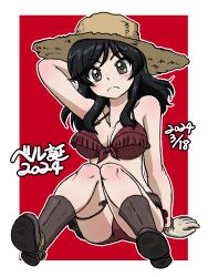 Rule 34 | 1girl, 2024, arm behind head, belle (girls und panzer), belt, bikini, birthday, black belt, black hair, boots, breasts, brown bikini, brown footwear, brown hat, character name, closed mouth, commentary, cowboy boots, cowboy hat, dated, fringe trim, front-tie bikini top, front-tie top, frown, girls und panzer, gloves, grey gloves, halterneck, hat, holster, long hair, looking at viewer, medium breasts, outline, red background, sitting, solo, straw hat, swimsuit, takahashi kurage, thigh strap, translated, white outline