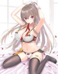 Rule 34 | 1girl, armpits, arms behind head, arms up, azur lane, bare arms, bare shoulders, bra, breasts, brown hair, cleavage, collarbone, commentary request, crotch seam, gloves, hair between eyes, hair ribbon, hair tie in mouth, highres, large breasts, lingerie, long hair, looking at viewer, mole, mole under mouth, mouth hold, nanam (nanam sk), navel, no shoes, panties, petals, ponytail, purple eyes, red ribbon, ribbon, sidelocks, sitting, solo, star (symbol), stomach, swiftsure (azur lane), thighhighs, thighs, underwear, very long hair, wariza, white bra, white gloves, white panties