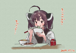 Rule 34 | 1girl, :t, ahoge, bowl, brown eyes, brown hair, chopsticks, closed mouth, dated, food, food request, green background, hands up, headgear, holding, holding bowl, holding chopsticks, japanese clothes, kimono, lamb (hitsujiniku), long sleeves, plate, solo, table, touhoku kiritan, translation request, twintails, upper body, voiceroid, wavy mouth, white kimono, wide sleeves