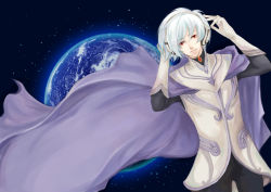 Rule 34 | 1boy, albino, cape, earth (planet), gloves, headphones, male focus, red eyes, reyst, silver hair, smile, soldier blue, solo, space, toward the terra, wallpaper