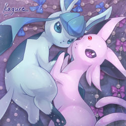 Rule 34 | blue bow, bow, closed mouth, commentary request, creatures (company), espeon, from above, game freak, gen 2 pokemon, gen 4 pokemon, glaceon, highres, holding hands, kagure (karaguren), nintendo, no humans, pokemon, pokemon (creature), purple bow, purple eyes, sparkle, toes