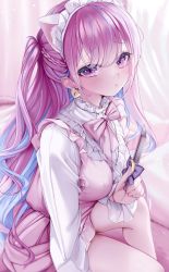 Rule 34 | 1girl, animal ear fluff, animal ears, blue hair, blush, bow, bowtie, braid, cat ears, closed mouth, colored inner hair, dress, earrings, frills, heart, heart earrings, highres, holding, holding knife, hololive, jewelry, knife, long hair, long sleeves, looking at viewer, maid headdress, minato aqua, multicolored hair, pinafore dress, pink bow, pink bowtie, pink dress, pink hair, purple eyes, short dress, sleeveless dress, solo, streaked hair, tearing up, two-tone hair, virtual youtuber, yunmi 0527