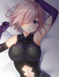 Rule 34 | 1girl, :o, arm up, armpits, bare shoulders, bed, black gloves, blush, breasts, breasts apart, clothing cutout, elbow gloves, embarrassed, fate/grand order, fate (series), female focus, from above, gloves, gomano rio, hair over one eye, halterneck, hand up, highres, impossible clothes, indoors, large breasts, leotard, light purple hair, looking at viewer, lying, mash kyrielight, multicolored clothes, multicolored gloves, navel, navel cutout, neck, on back, on bed, open mouth, purple eyes, purple gloves, short hair, skin tight, sleeveless, solo, stomach, surprised, type-moon