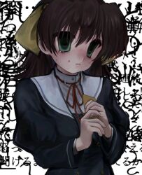 Rule 34 | 1girl, bags under eyes, black dress, black jacket, brown hair, buttons, commentary, cropped jacket, crying, crying with eyes open, double-breasted, dress, ef (visual novel), empty eyes, flipped hair, frown, green eyes, hair ribbon, hands up, highres, holding, jacket, juliet sleeves, long hair, long sleeves, looking at viewer, miyamura miyako, neck ribbon, open clothes, open jacket, own hands together, parted lips, puffy sleeves, red ribbon, ribbon, sailor collar, solo, tears, text background, translation request, uee m, upper body, white background, white sailor collar, yellow ribbon