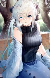Rule 34 | 1girl, absurdres, bare shoulders, bench, black bow, black sweater, blue eyes, blue skirt, bow, braid, breasts, buttons, fate/grand order, fate (series), french braid, grey hair, hair bow, highres, jacket, kugatunohito, large breasts, long hair, long sleeves, looking at viewer, morgan le fay (fate), off shoulder, open clothes, open jacket, ponytail, sidelocks, sitting, skirt, sleeveless, sleeveless sweater, smile, solo, sweater, thighs, tree, turtleneck, turtleneck sweater, very long hair, white jacket