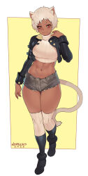 Rule 34 | 1girl, abs, absurdres, animal ears, warrior of light (ff14), breasts, cat ears, cat tail, commission, crop top, cropped jacket, cutoffs, final fantasy, final fantasy xiv, full body, highres, jacket, looking at viewer, medium breasts, miqo&#039;te, navel, norasuko, open clothes, open jacket, red eyes, short hair, shorts, smile, solo, tail, thighhighs, turtleneck, two-tone background, white hair, white thighhighs