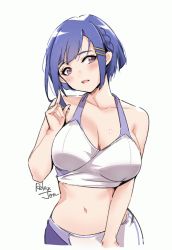Rule 34 | 1girl, bare shoulders, blue hair, blush, bokutachi no remake, braid, breasts, brown eyes, character request, cleavage, collarbone, commentary request, hair ornament, hairclip, highres, large breasts, looking at viewer, medium hair, navel, open mouth, relaxjon, shino aki, shorts, sidelocks, signature, simple background, sleeveless, solo, sportswear, standing, stomach, white background
