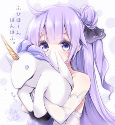 Rule 34 | 1girl, ahoge, asymmetrical hair, azur lane, bare shoulders, blunt bangs, blush, collarbone, commentary request, elbow gloves, gloves, hair bun, holding, kabocha usagi, long hair, looking at viewer, name connection, object namesake, peeking out, purple eyes, purple hair, signature, single hair bun, solo, stuffed toy, stuffed unicorn, stuffed winged unicorn, tareme, translation request, unicorn (azur lane), upper body, white gloves