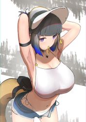 Rule 34 | 1girl, alternate costume, aoi mochio, arknights, arm strap, arm up, armpits, arms behind back, bikini, black hair, blue eyes, blue hair, blue shorts, blunt bangs, breasts, bright pupils, cleavage, collarbone, cowboy shot, eunectes (arknights), gradient hair, hair tie, hat, highres, huge breasts, jewelry, leaning forward, looking at viewer, mouth hold, multicolored hair, navel, necklace, open clothes, open fly, open shorts, pointy ears, pouch, short hair, shorts, snake tail, solo, swimsuit, tail, two-tone background, white bikini, white hat