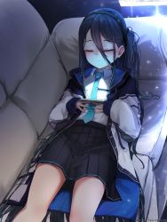 Rule 34 | 1girl, absurdres, aris (blue archive), black hair, blue archive, blue eyes, cellphone, closed eyes, commentary request, couch, hair between eyes, hair ornament, halo, highres, holding, holding phone, hood, hooded coat, korean commentary, long hair, long sleeves, lying, on back, one side up, parted lips, phone, pleated skirt, sidelocks, skirt, smartphone, solo, stpen, very long hair
