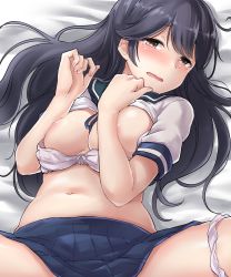 Rule 34 | 1girl, absurdres, ahoge, bed sheet, blue sailor collar, blue skirt, blush, bra, bra pull, breasts, clothes lift, clothes pull, commentary request, covering privates, covering breasts, covering nipples, embarrassed, fingernails, grey hair, hair between eyes, hair spread out, hands up, highres, kantai collection, kiritto, large breasts, long hair, looking at viewer, lying, navel, on back, panties, panties around leg, pink bra, pink panties, pleated skirt, sailor collar, school uniform, serafuku, shirt, shirt lift, short sleeves, skirt, solo, spread legs, stomach, underwear, ushio (kancolle), white shirt