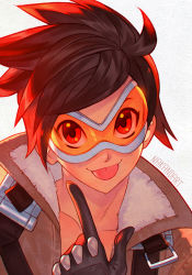 Rule 34 | 1girl, :p, artist name, black gloves, bomber jacket, brown hair, brown jacket, chest harness, gloves, goggles, harness, high collar, jacket, leather, leather jacket, looking at viewer, nana nakano, overwatch, overwatch 1, portrait, short hair, smile, solo, spiked hair, tongue, tongue out, tracer (overwatch), upper body