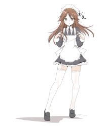 Rule 34 | 1girl, alternate costume, apron, arashio (kancolle), black dress, black necktie, brown eyes, brown hair, collared shirt, dress, enmaided, frilled apron, frilled dress, frills, full body, highres, holding, holding tray, kantai collection, long hair, long sleeves, maid, maid apron, maid headdress, necktie, puffy long sleeves, puffy sleeves, shadow, shirt, simple background, solo, tada (tactical tada), thighhighs, tray, white apron, white background, white thighhighs