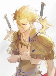 Rule 34 | 1boy, abs, absurdres, armor, bare pectorals, blonde hair, chinese commentary, collarbone, earrings, enki (fate/prototype), fate/prototype, fate (series), fringe trim, gilgamesh (fate/prototype), gold armor, hand on own chest, highres, jewelry, k7 (kk7 000), looking at viewer, male focus, necklace, open clothes, open mouth, pectorals, red eyes, simple background, smile, solo, spiked hair, teeth, upper body