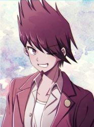 Rule 34 | 1boy, collarbone, commentary, danganronpa (series), danganronpa v3: killing harmony, facial hair, goatee, grey shirt, grin, jacket, looking at viewer, momota kaito, multicolored background, one eye closed, open clothes, open jacket, open shirt, pink jacket, portrait, shirt, smile, solo, symbol-only commentary, tansug (tansuk88), teeth, white shirt