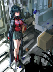 Rule 34 | 1girl, animal ear fluff, animal ears, arknights, bag, bare legs, black coat, black hair, black shorts, breasts, cigarette, coat, couch, full body, gloves, highres, holding, holding cigarette, indoors, kneehighs, long hair, long sleeves, looking at viewer, maria (syake-uni), medium breasts, official alternate costume, open clothes, open coat, parted lips, ponytail, red eyes, red gloves, red shirt, red socks, shirt, shorts, sketch, socks, solo, standing, texas (arknights), texas (willpower) (arknights), thigh strap, wolf ears