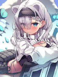 Rule 34 | 1girl, arknights, aurora (arknights), black gloves, black hairband, black shorts, blue eyes, blurry, blurry background, blush, breasts, cleavage, closed mouth, commentary request, cropped jacket, depth of field, eyes visible through hair, gloves, grey hair, hair ornament, hair over one eye, hairband, hairclip, highres, jacket, leaning forward, long sleeves, medium breasts, puffy long sleeves, puffy sleeves, ryuinu, shield, short shorts, shorts, sleeves past wrists, solo, white jacket