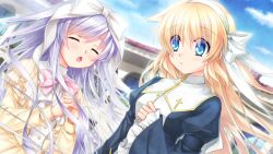 Rule 34 | 2girls, blonde hair, blue eyes, blue sky, blush, bow, closed eyes, cloud, game cg, habit, harmonia (key), highres, long hair, multiple girls, non-web source, official art, open mouth, own hands clasped, own hands together, pink bow, purple hair, shiona (harmonia), sky, tipi (harmonia), white bow