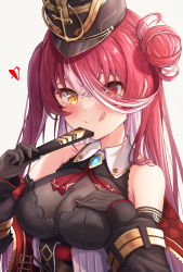 Rule 34 | 1girl, :q, bare shoulders, black gloves, blush, breasts, cleavage, gloves, hair bun, hair over one eye, hand fan, hat, heterochromia, highres, hololive, houshou marine, houshou marine (marching band), long hair, multicolored hair, paper fan, pink hair, red eyes, red hair, see-through, see-through cleavage, simple background, single hair bun, smile, solo, suicabar72, tongue, tongue out, two-tone hair, virtual youtuber, white background, yellow eyes