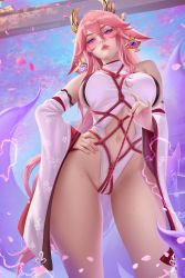 Rule 34 | 1girl, animal ears, cherry blossoms, clothing cutout, detached sleeves, earrings, fox ears, genshin impact, hair between eyes, hair ornament, hand on own hip, highleg, highleg leotard, highres, jewelry, leotard, lips, long hair, long sleeves, looking at viewer, low-tied long hair, mole, mole on thigh, multiple moles, navel, navel cutout, outdoors, parted lips, pink hair, prywinko, pulling, purple eyes, rope, shibari, shibari over clothes, solo, thick thighs, thighs, vision (genshin impact), wide sleeves, yae miko